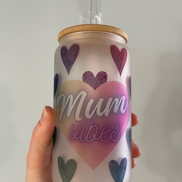 Mom Gift Libby glass cup Mum vibes with bamboo lid and glass straw - Picture 3 of 8